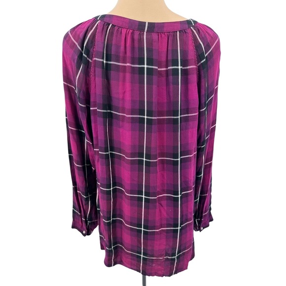 J.Jill‎ Petite Plaid Button Down Top Purple Black White Rayon Blouse Small - Picture 2 of 11